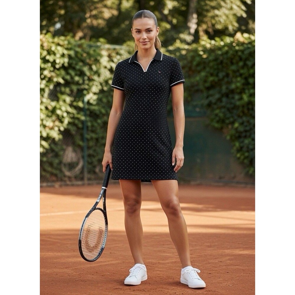 Tommy Hilfiger Size L Black Polo Dress Polka Dot Trim Cotton Short Sleeve Midi